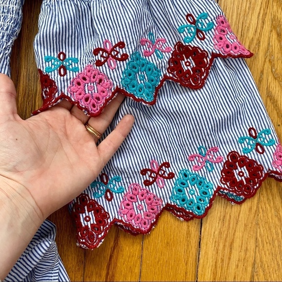 LOFT Blue & Pink Striped Off Shoulder Top Bell Sleeves - Picture 6 of 7